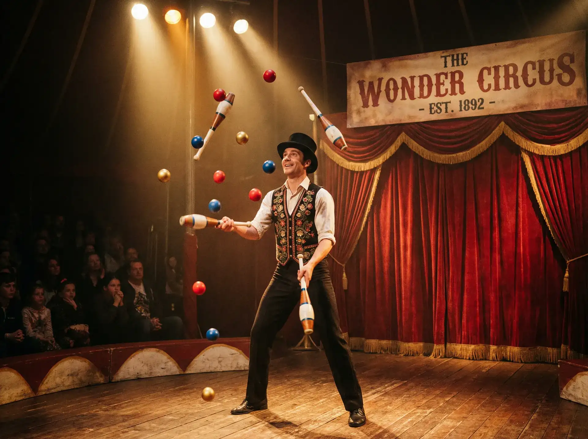 非凡娱乐 - 技艺精湛的杂耍师在舞台上抛接多个彩球和火棒